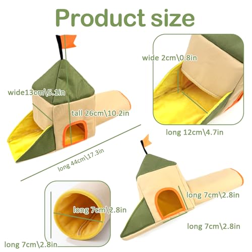 Guinea Pig Hideout and Toys, Castle Theme Small Pet Tunnel and Bed with Flag for Bunny Rabbit Ferret Hamster Chinchilla Hedgehog Hiding and Resting, 17.3in Long(Khaki)