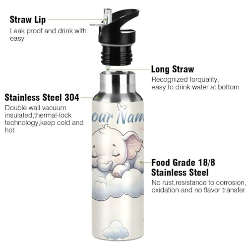 Custom Elephants Animal Forest Water Bottle Kids Stainless Steel Bottle with Straw Lid Personalized Name Boys Girls Insulated Cup for School 20 oz - color: Multi100
