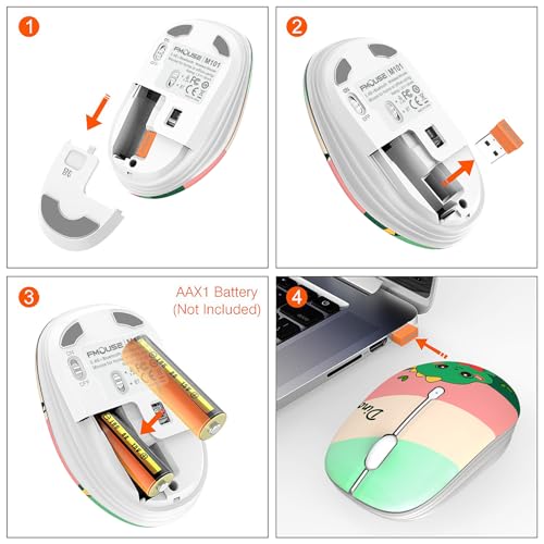 FMOUSE Cute Cartoon Silent Wireless Mouse, Dual Mode Bluetooth & USB 2.4G | Cute Dino Pattern, Ideal for Kids Students Teen Girls | AA Battery Powered | Compatible with Laptop Mac iPad Tablet PC - color: Cute Dino