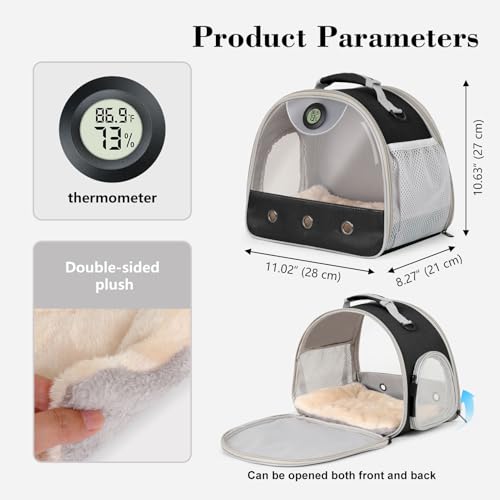 Bearded Dragon Carrier, Reptile Travel Bag with Built-in Thermometer Hygrometer, Breathable Small Animal Carrier with Clear View Window, Portable Guinea Pig Carrier for Gecko, Snake, Hamster - color: Black