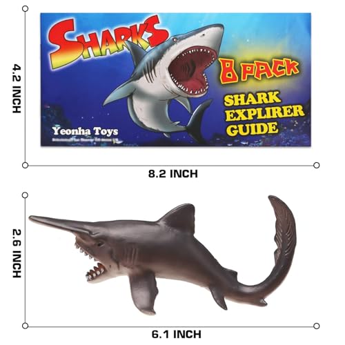 8 Pack Shark Toys with Booklet, Realistic Shark Figurines | Soft plastic ocean animal figures with booklet for under sea play, party decorations, cake toppers, bath play, and gifts