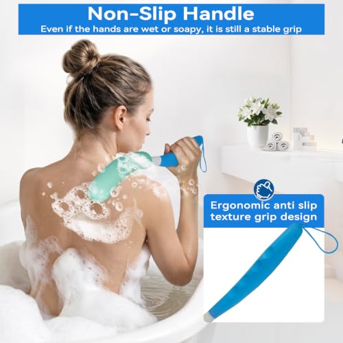 Back Scrubber for Shower,15.35"Curved Body Brush with Anti Slip Long Handle | Long Back Scrubber for Men & Women, Skin Exfoliating Curved Back Scrub Brush, Removable Long Handle Mesh Sponge Back Washer - size: Black+Blue Handle