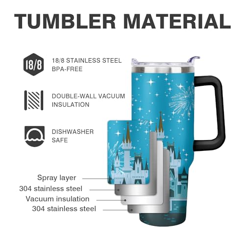 40oz Cartoon Castle Tumbler with Handle and Straw Lid | Stainless Steel Insulated Tumbler, BPA FREE Travel Coffee Mug Cup for Car Cold and Hot - Birthday, Christmas Gift - color: Dream Castle, size: 40 Ounces