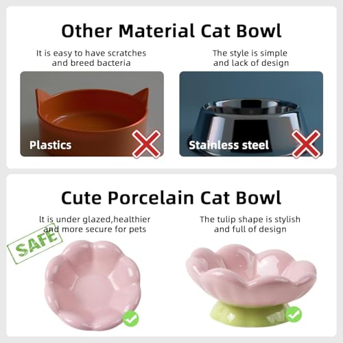 DIF DECO Ceramic Raised Cat Bowl, Pink Elevated Food Bowls for Food and Water Protecting Spine and Whisker Friendly,Tulip Shape Cute Pet Feeder Dish for Indoor Cats and Small Dogs(Height 3.3 inch) - size: Height 3.3 inch