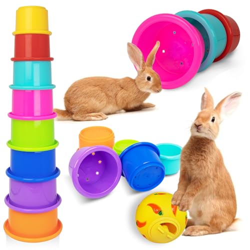 8 Pcs Colorful Stacking Cups and a Ball for Rabbits, Colorful Bunny Cups for Rabbits and Small Animals, Nesting Rabbit Cups of Different Sizes, Bunny Stacking Cups for Hiding Food and Playing - color: Rainbow&Ball