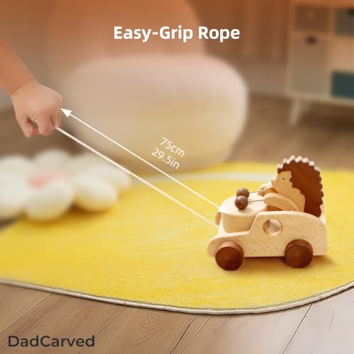 Hedgehog Pull Toy | Montessori Wooden Pull-Along Walking Toy with Wooden Grip Ring | Natural Drumming Sound for Kid Toddlers