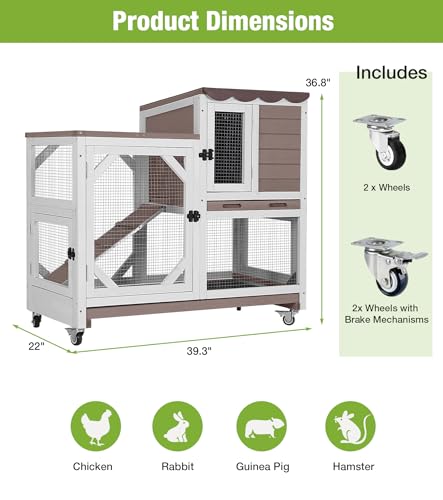 GUTINNEEN Wooden Duplex Rabbit Cage on Wheels with Chew-Proof Ramp, Brown | 4 mobile swivel casters, 2-story design, waterproof rain cover, 5 access doors, 2 sliding trays - color: Brown