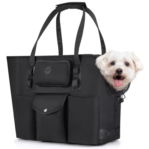 SlowTon Dog Purse Carrier - Portable Dog Carrier with Pockets & Safety Leash for Small Dogs Under 12 lbs, Breathable Pet Tote Bag for Cat Rabbit Outing, Travel, Vet (Black)