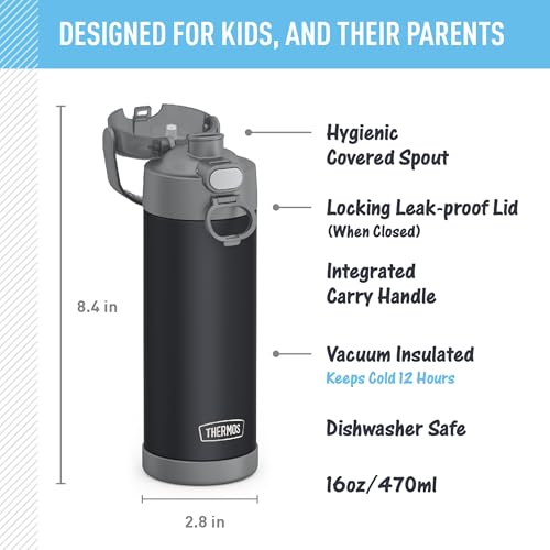 THERMOS FUNTAINER Water Bottle with Spout, 16oz, Matte Charcoal | Kids Stainless Steel Insulated Water Bottle, Keeps Drinks Cold Longer for School & Play, BPA-Free - color: Matte Charcoal, size: 16 Ounces