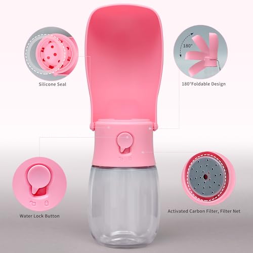 Portable Dog Water Bottle 10oz Pink | Foldable pet water dispenser, food grade plastic, ease to use for outdoor walking, hiking, travel - color: Transparent Pink, size: 10OZ