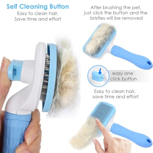 Generic Pet Grooming Brush, Blue - Self Cleaning Hair Brush for Dogs and Cats, Removes Loose Undercoat, Bristles with Massage Particles, Ergonomic Handle, For Long or Short Hair Breeds - color: Blue