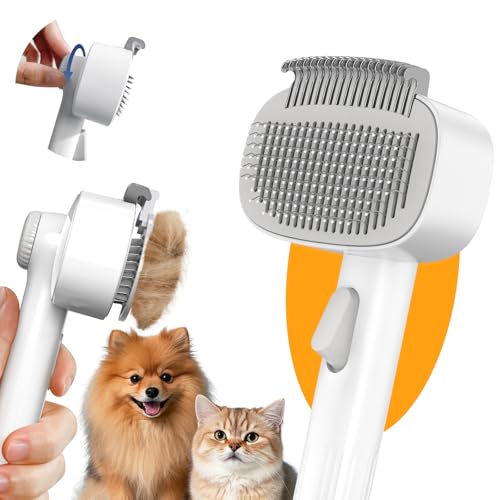Dog & Cat Brush for Shedding, 2-in-1 Self Cleaning Deshedding Brush | Adjustable Bristle Length with Dematting Comb Skin Friendly Fur Shedding Removal Tool for Long Medium Long Hair Pets (Grey) - color: Gray