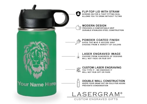 LaserGram Personalized 12oz Water Bottle, Rabbit (Green) | Engraved Gift, Vacuum Insulated Stainless Steel, Flip-Top Straw Lid, Laser Engraved With Your Name - color: Green, size: 12 Ounces