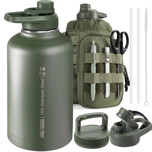 ONETIGRIS 64oz Tactical Insulated Water Bottle with 3 Lids & MOLLE Pouch | 48H Cold and 24H Hot Double Wall,304 Stainless Steel Wide Mouth,BPA Free Leakproof Silicone Seal，Paracord Handle Easy Carry - color: Green
