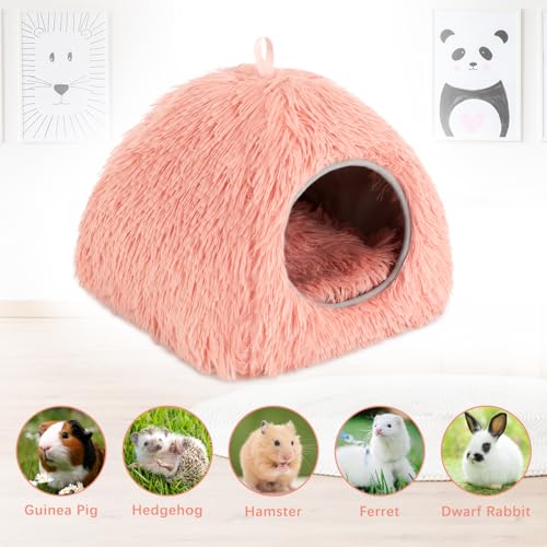 YUEPET Guinea Pig Bed, Warm Rabbit Bed, Bunny Hideout, Pink Plush Cave | Cozy Rabbit Hideout, Long-Plush Fabric, Removable Washable Cushion, 2-in-1 Cave & Sofa Bed, Pink, Semi-Closed Design - color: Pink