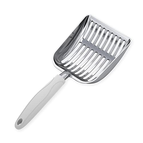 Cat Litter Scoop, Aluminum Alloy Sifter, Kitty Metal Scooper, Deep Shovel, Long Handle, Poop Sifting, Kitten Pooper Lifter, Durable, Heavy Duty, for Litter Box - color: POLISHED Aluminum \ #05 Grey Handle, size: Small