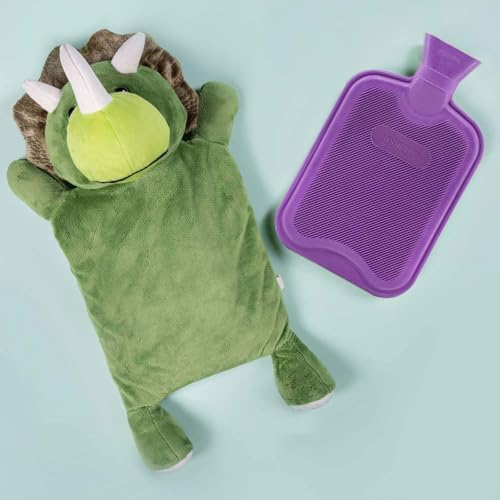 HomeTop Premium Classic Rubber Hot Water Bottle with Triceratops Cover | Natural rubber hot water bottle,Long-lasting heat retention,Snuggly all-night warmth - color: Purple/Triceratops