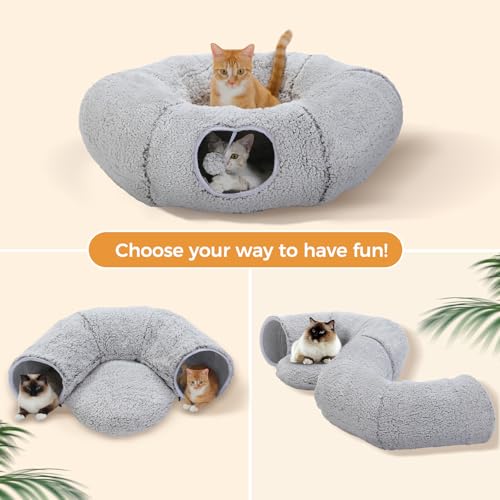 PEQULTI Cat Tunnel with Bed for Indoor Cats, Cat Play Donut Tunnel with Washable Soft Plush Mat, Round Cat Tunnel Toys Cute Cat Tube for Kittens, Puppies, Rabbits and Ferrets, Grey - color: Grey