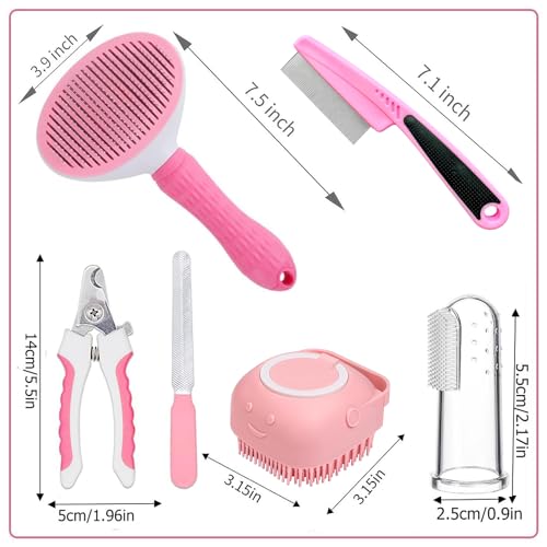 7 Pcs Cat Dog Brush Grooming Kits, Self-Cleaning Slicker Brush, Pet Nail Clipper and File, Flea Comb, Pet Shampoo Bath Brush, Pet Finger Toothbrush, Storage Bag (Pink) - color: Pink