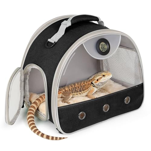 Bearded Dragon Carrier, Reptile Travel Bag with Built-in Thermometer Hygrometer, Breathable Small Animal Carrier with Clear View Window, Portable Guinea Pig Carrier for Gecko, Snake, Hamster - color: Black