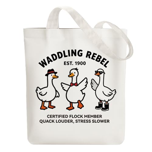 ANATTASOUL Canvas Tote Bag Reusable Cotton Bag for Women, Large 14.96"x 15.74" Cloth Shoulder Bags with Zipper Pockets - style: Goose With Sunglasses