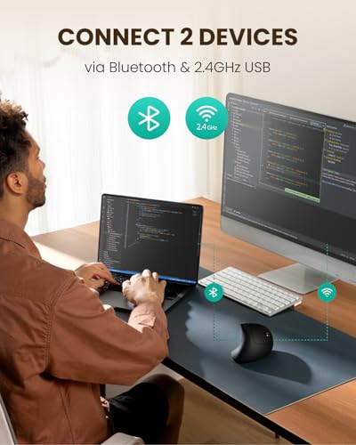 POJTK Wireless Rechargeable Ergonomic Mouse, Bluetooth+USB A+Type C(3 in 1) Connection, Up to 4800 DPI, 6 Silent Buttons, 2.4GHz Carpal Tunnel Vertical Mice, for Desktop,Laptop,MacBook-Black-Upgraded