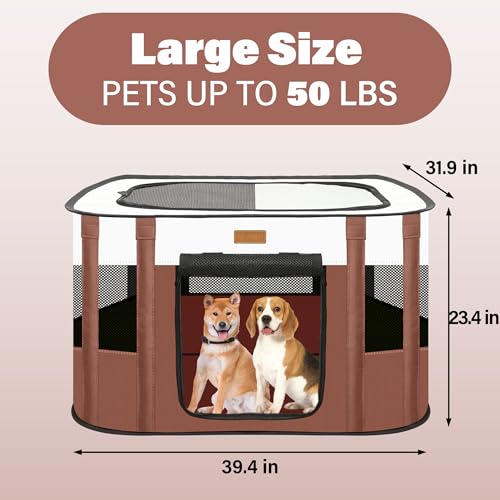 Dog Playpen - Foldable Cat Play Pens for Pubby,Kitten, Rabbit,Portable Pet Tent with Carring Bag for Indoor/Outdoor Travel Camping (Brown-Large) - color: Brown, style: Large