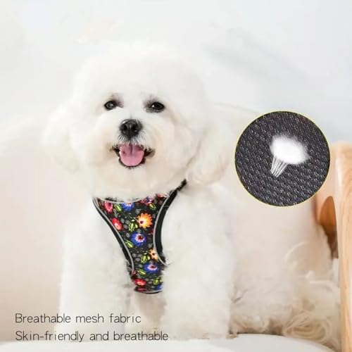 Step in Dog Harness No Pull Flower Adjustable Soft Mesh Harness | Reflective Pet Vest Harness and Leash Set for Small Medium Dogs - color: Black, size: S(neck:10.5"-12",chest:13.5"-16")