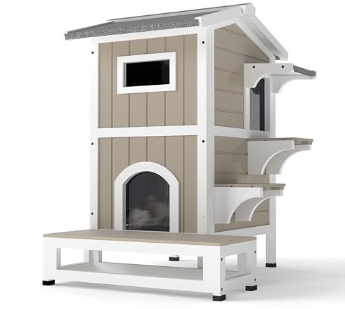 Outdoor Cat House Weatherproof Cats Shelter for Feral Kitten Pet Houses for 1-2 Small Animlas 2 Story Wooden Houses for Indoor Outdoor Cats with Escape Doors (29.7"D x 22.8"W x 35.4"H In) - style: 29.7"D x 22.8"W x 35.4"H In