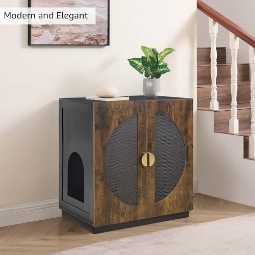 unipaws Tall Cat Litter Box Enclosure for Tall or Top Entry Litter Box | Hidden Litter Box Cover with Shelves, Kitty Enclosed Litter Box Cabinet, Cat Box Furniture - color: Rustic and Black