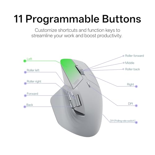 Rapoo MT760 PRO Wireless Mouse, NearLink + Bluetooth 5.0 Multi-Device, 12K DPI, 2K Polling, Ergo for Work & Gaming, 11 Programmable Buttons, On-Board Memory, Quiet Clicks, USB-C, 120 Days Battery Life - color: Light Grey, size: PRO Ver.