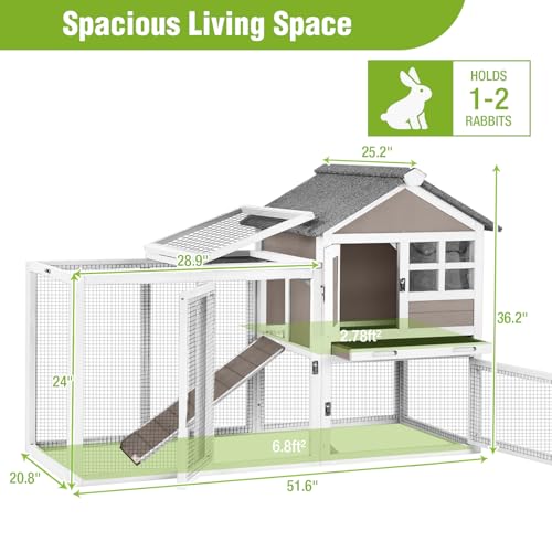 Outdoor Rabbit Hutch with Run, 2-Tier Fir Wood Bunny Cage, Waterproof Roof, Pull-Out Tray, Secure Latches, 51.6 x 20.8 x 36.2 in, Brown - color: Brown, size: 51.6"L x 20.8"W x 36.2"H
