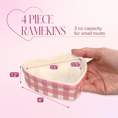 Paris Hilton Heart Shaped Ramekins Oven Safe, 4-Piece Mini Ceramic Ramekin Set, Stoneware Baking Dishes, Microwave, Dishwasher & Freezer Safe, Gingham Design, 3-Ounce, Pink