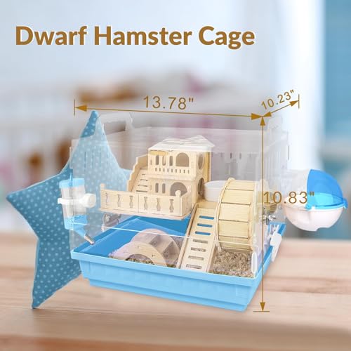 Cycodo 8 in 1 Acrylic Hamster Cage,2-Tier Dwarf Hamster Cage with Wooden Wheel & Hideout,Small Hamster Habitat with Accessories,Clear Pet Mice House(Blue,14" L*10" W*11" H) - color: Blue