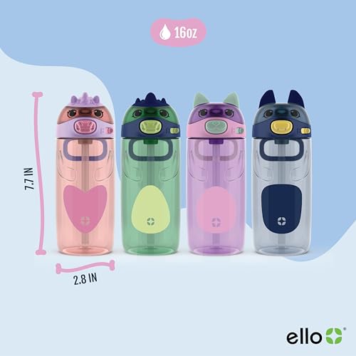 Ello Ellies 16oz BPA-Free Plastic Leakproof Kids Water Bottle, Cat | Animal shaped plastic kids water bottle with straw, leakproof locking lid, carry handle, & BPA-free design for school lunches - color: Cat, size: 16 Ounces