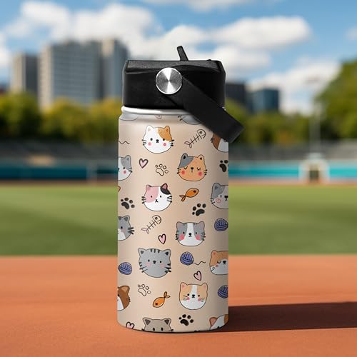 SANDJEST Kids Water Bottle Cat Water Bottles 12oz with Straw Insulated Stainless Steel Travel School Tumbler Double Wall Vacuum Cup for Girls Kid Boys - color: Cat 2