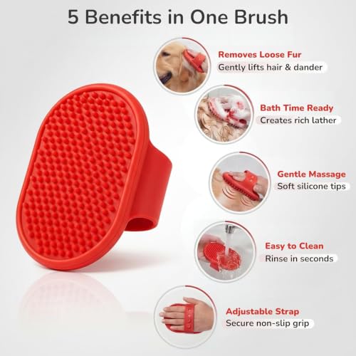 Pets&Goods Rubber Pet Grooming Brush for Dogs & Cats – Bath & Deshedding Brush with Custom-Fit Hand Straps – Soft Silicone Bristles for Short & Medium Hair – Anti-Slip, Easy to Clean - color: Red