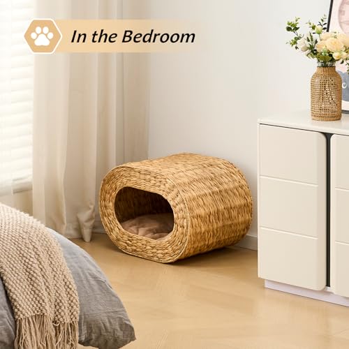 Cat House,Handwoven Cat Cave Pet Cube, Natural Cat Beds Indoor Kitten House with Double-Sided Soft Cushions, Pet Cat House for Multiple Cats, for Living Room Bedroom - color: Water Hyacinth