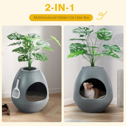 Egglao6 Hidden Cat Litter Box Furniture with Artificial Plants, Odor Removal System, 3PCS Cat Litter Box Liners, Cat Litter Scoop, Quick Assembly, Secret Kitty Enclosure, Extra Large (Grey) - color: Gray