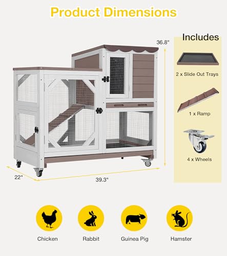 Aivituvin Rabbit Cage Indoor, 2-Story Bunny Cage with Leak-Proof Trays, Chew-Proof Wooden Rabbit Cage on Wheels for Small Pets (39.3" L x 22" W x 36.8" H) - Brown - color: Brown