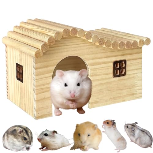 Hamster Wood Hideout Hut with Window Small Animal Wooden House for Rat Dwarf Hamster (Small) - size: Small