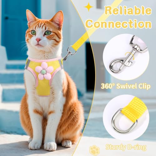 Cat Harness and Leash Set, Escape Proof Soft Vest Walk Yellow XS | Adjustable, Easy Wear, Breathable Comfy Mesh, Reflective Strips, Sturdy Clip Buckle Flower Harness for Cats Kitty Puppy Bunny - color: Lemon yellow, size: Extra Small