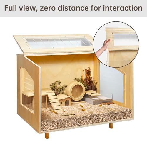 Wooden Hamster Cage - 24 inch Guinea Pig Cage Clear Small Animal cage with Open top Hamster Habitat Wooden Frame with Acrylic Panel | Acrylic and Plywood, Indoor Small Animal Use, Open Top, Clear Panels, Pull-Out Front, 23.6 x 15.7 x 18.5 Inch - size: 23.