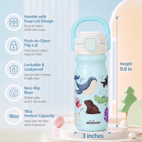 18oz Insulated Stainless Steel Kids Water Bottle for School, Animal | 2-in-1 Straw & Spout Lid, Leak-Proof, BPA-Free, for Girls & Boys, Blue - color: 18oz Light Blue-Animal