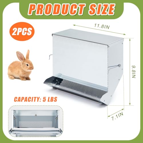 2 Pcs Rabbit Feeder for Cages Small Animal Food Pellet Dispenser with Lid Metal Chicken Grit Oyster Shell Squirrel Feeders Outside(11.8 Inches,Mesh Bottom,Silver) - color: Silver, size: 11.8 Inches, style: Mesh Bottom