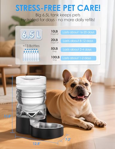 Heouvo 1.7 Gallon Automatic Dog Water Dispenser (6.5L-Black) | Wide Mouth, Easy Clean/ Removable Stainless Steel Bowl/ Gravity Refilling, Large Capacity for Cats and Small Medinum Dogs - size: 6.5L