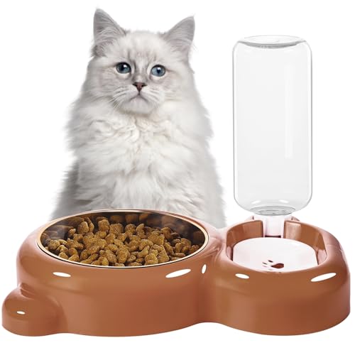 Dog Bowls, Cat Food and Water Bowl Set with Water Dispenser and Stainless Steel Bowl for Cats and Small Dogs - Brown - color: Brown