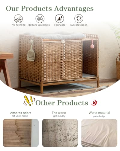 SETVSON Litter Box Enclosure Furniture with Divider, Cat Cabinet, Natural | Handwoven PE Rattan with Soft Litter Mat, 3.54-In Heightened Metal Feet, 2 S-Hooks, 31.2 x 19.6 x 24.2 In Spacious - color: Natural