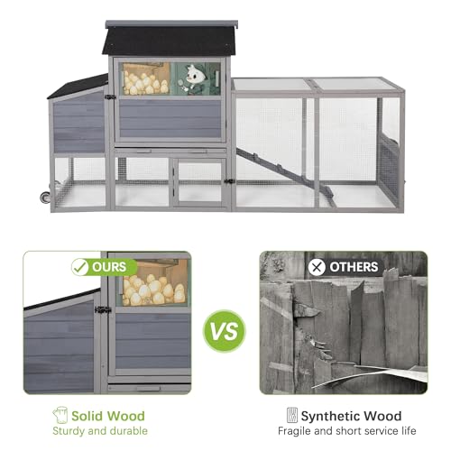 COZIWOW 82" Large Wooden Chicken Coop Mobile Rabbit Hutch with Wheel, Gray | Weatherproof asphalt roof & sunshine board, Anti-slip ramp, Pull-out tray, Hen house with 5 openable doors, Indoor Bunny Cage - color: Gray with Pattern