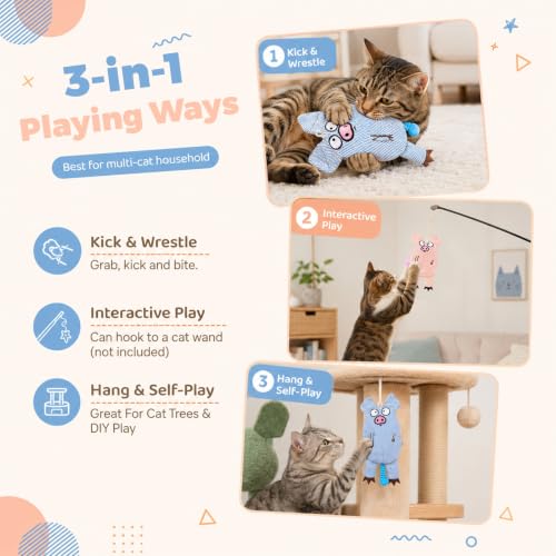 Cat Toys for Indoor Cats, 2 PCS 8000mg A+Natural Catnip Silvervine Crinkle | Interactive Cat Toys Pig with Bell Elastic Tail, Baby-Grade Plush Chew Toy Teeth Cleaning, Catnip Cat Kicker Toy for Kitten
